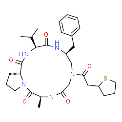 ChemSpider 2D Image | (3S,6S,12S,17aR)-6-Benzyl-3-isopropyl-12-methyl-8-(tetrahydro-2-thiophenylacetyl)dodecahydro-1H-pyrrolo[1,2-a][1,4,7,10,13]pentaazacyclopentadecine-1,4,10,13(5H)-tetrone | C30H43N5O5S