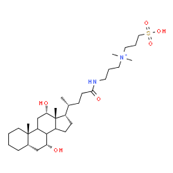 ChemSpider 2D Image | 3-{[(5beta,7alpha,8xi,9xi,12alpha,14xi,17alpha)-7,12-Dihydroxy-24-oxocholan-24-yl]amino}-N,N-dimethyl-N-(3-sulfopropyl)-1-propanaminium | C32H59N2O6S
