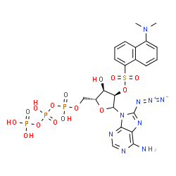 ChemSpider 2D Image | 8-Azido-9-[2-O-{[5-(dimethylamino)-1-naphthyl]sulfonyl}-5-O-(hydroxy{[hydroxy(phosphonooxy)phosphoryl]oxy}phosphoryl)-D-ribofuranosyl]-9H-purin-6-amine | C22H26N9O15P3S