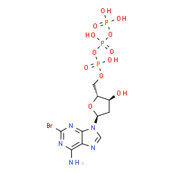 ChemSpider 2D Image | 2-Bromo-9-[2-deoxy-5-O-(hydroxy{[hydroxy(phosphonooxy)phosphoryl]oxy}phosphoryl)-alpha-D-erythro-pentofuranosyl]-9H-purin-6-amine | C10H15BrN5O12P3