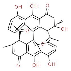 ChemSpider 2D Image | (1R,1'S,2R)-1,1'-Diacetyl-2,5,5',10,10'-pentahydroxy-2,2'-dimethyl-2,3-dihydro-9,9'-bianthracene-4,4'(1H,1'H)-dione | C34H28O9