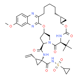 ChemSpider 2D Image | (1R,18R,20S,24S,27R)-N-{(1R,2R)-1-[(Cyclopropylsulfonyl)carbamoyl]-2-vinylcyclopropyl}-7-methoxy-24-(2-methyl-2-propanyl)-22,25-dioxo-2,21-dioxa-4,11,23,26-tetraazapentacyclo[24.2.1.0~3,12~.0~5,10~.0~
18,20~]nonacosa-3,5,7,9,11-pentaene-27-carboxamide | C38H50N6O9S