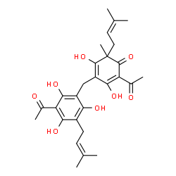 ChemSpider 2D Image | 2-Acetyl-4-[3-acetyl-2,4,6-trihydroxy-5-(3-methyl-2-buten-1-yl)benzyl]-3,5-dihydroxy-6-methyl-6-(3-methyl-2-buten-1-yl)-2,4-cyclohexadien-1-one | C28H34O8