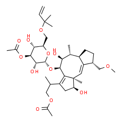 ChemSpider 2D Image | 2-[(1S,4R,5S,6R,6aR,9S,9aE,10aR)-4-{[3-O-Acetyl-6-O-(2-methyl-3-buten-2-yl)-alpha-D-glucopyranosyl]oxy}-1,5-dihydroxy-9-(methoxymethyl)-6,10a-dimethyl-1,2,4,5,6,6a,7,8,9,10a-decahydrodicyclopenta[a,d]
[8]annulen-3-yl]propyl acetate | C36H56O12