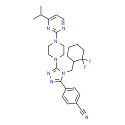 ChemSpider 2D Image | 4-{4-[(2,2-Difluorocyclohexyl)methyl]-5-[4-(4-isopropyl-2-pyrimidinyl)-1-piperazinyl]-4H-1,2,4-triazol-3-yl}benzonitrile | C27H32F2N8