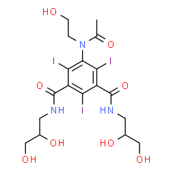 ChemSpider 2D Image | 5-[Acetyl(2-hydroxyethyl)amino]-N,N'-bis(2,3-dihydroxypropyl)-2,4,6-triiodoisophthalamide | C18H24I3N3O8