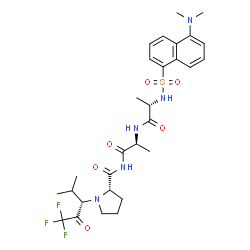 ChemSpider 2D Image | N-{[5-(Dimethylamino)-1-naphthyl]sulfonyl}-L-alanyl-N-({(2S)-1-[(3S)-1,1,1-trifluoro-4-methyl-2-oxo-3-pentanyl]-2-pyrrolidinyl}carbonyl)-L-alaninamide | C29H38F3N5O6S