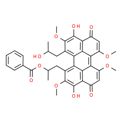 ChemSpider 2D Image | 1-[3,10-Dihydroxy-12-(2-hydroxypropyl)-2,6,7,11-tetramethoxy-4,9-dioxo-4,9-dihydro-1-perylenyl]-2-propanyl benzoate | C37H34O11