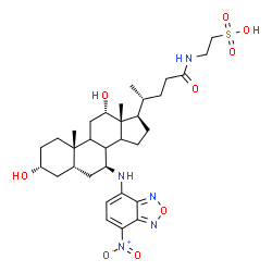 ChemSpider 2D Image | 2-({(3alpha,5beta,7beta,8xi,9xi,12alpha,14xi)-3,12-Dihydroxy-7-[(7-nitro-2,1,3-benzoxadiazol-4-yl)amino]-24-oxocholan-24-yl}amino)ethanesulfonic acid | C32H47N5O9S