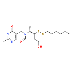 ChemSpider 2D Image | N-[(2E)-3-(Hexyldisulfanyl)-5-hydroxy-2-penten-2-yl]-N-[(2-methyl-6-oxo-1,6-dihydro-5-pyrimidinyl)methyl]formamide | C18H29N3O3S2