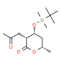 ChemSpider 2D Image | (3R,4R,6S)-4-{[Dimethyl(2-methyl-2-propanyl)silyl]oxy}-6-methyl-3-(2-oxopropyl)tetrahydro-2H-pyran-2-one | C15H28O4Si