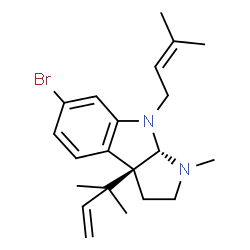 ChemSpider 2D Image | (3aS,8aS)-6-Bromo-1-methyl-3a-(2-methyl-3-buten-2-yl)-8-(3-methyl-2-buten-1-yl)-1,2,3,3a,8,8a-hexahydropyrrolo[2,3-b]indole | C21H29BrN2