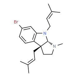ChemSpider 2D Image | (3aR,8aS)-6-Bromo-1-methyl-3a,8-bis(3-methyl-2-buten-1-yl)-1,2,3,3a,8,8a-hexahydropyrrolo[2,3-b]indole | C21H29BrN2