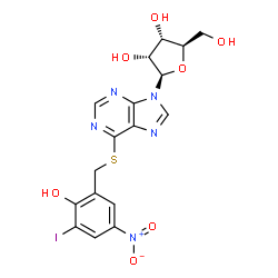 ChemSpider 2D Image | 2-Iodo-4-nitro-6-(((9-beta-D-ribofuranosyl-9H-purin-6-yl)thio)methyl)phenol | C17H16IN5O7S