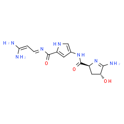 ChemSpider 2D Image | 4-({[(2S,4R)-5-Amino-4-hydroxy-3,4-dihydro-2H-pyrrol-2-yl]carbonyl}amino)-N-[(1E)-3,3-diamino-2-propen-1-ylidene]-1H-pyrrole-2-carboxamide | C13H17N7O3
