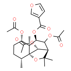 ChemSpider 2D Image | (1R,2R,5S,6S,7R,9R,12R)-5,8,12-Triacetoxy-2,6,10,10-tetramethyl-11-oxatricyclo[7.2.1.0~1,6~]dodec-7-yl 3-furoate | C26H34O10