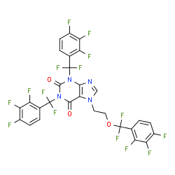 ChemSpider 2D Image | 7-{2-[Difluoro(2,3,4-trifluorophenyl)methoxy]ethyl}-1,3-bis[difluoro(2,3,4-trifluorophenyl)methyl]-3,7-dihydro-1H-purine-2,6-dione | C28H11F15N4O3