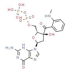 ChemSpider 2D Image | 2-Amino-9-{2-deoxy-5-O-[hydroxy(phosphonooxy)phosphoryl]-3-C-[2-(methylamino)benzoyl]-alpha-D-erythro-pentofuranosyl}-3,9-dihydro-6H-purin-6-one | C18H22N6O11P2
