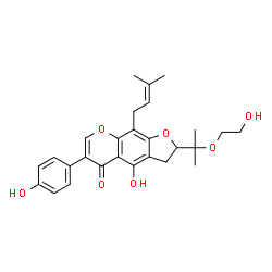 ChemSpider 2D Image | 4-Hydroxy-2-[2-(2-hydroxyethoxy)-2-propanyl]-6-(4-hydroxyphenyl)-9-(3-methyl-2-buten-1-yl)-2,3-dihydro-5H-furo[3,2-g]chromen-5-one | C27H30O7