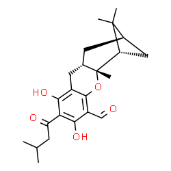 ChemSpider 2D Image | (1S,2R,11S,13R)-6,8-Dihydroxy-2,14,14-trimethyl-7-(3-methylbutanoyl)-3-oxatetracyclo[11.1.1.0~2,11~.0~4,9~]pentadeca-4,6,8-triene-5-carbaldehyde | C23H30O5