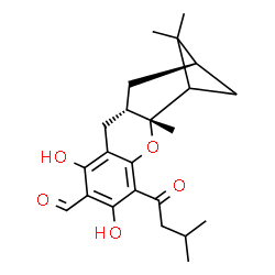 ChemSpider 2D Image | (2R,11S,13R)-6,8-Dihydroxy-2,14,14-trimethyl-5-(3-methylbutanoyl)-3-oxatetracyclo[11.1.1.0~2,11~.0~4,9~]pentadeca-4,6,8-triene-7-carbaldehyde | C23H30O5