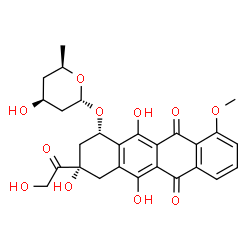 ChemSpider 2D Image | (8S,10S)-8-Glycoloyl-6,8,11-trihydroxy-10-{[(2R,4S,6R)-4-hydroxy-6-methyltetrahydro-2H-pyran-2-yl]oxy}-1-methoxy-7,8,9,10-tetrahydro-5,12-tetracenedione | C27H28O11