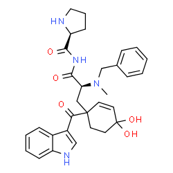 ChemSpider 2D Image | N-{(2S)-2-[Benzyl(methyl)amino]-3-[4,4-dihydroxy-1-(1H-indol-3-ylcarbonyl)-2-cyclohexen-1-yl]propanoyl}-L-prolinamide | C31H36N4O5