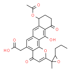 ChemSpider 2D Image | [8-Acetoxy-12-hydroxy-2-(2-methyl-3-propyl-2-oxiranyl)-4,11-dioxo-8,9,10,11-tetrahydro-4H-naphtho[2,3-h]chromen-5-yl]acetic acid | C27H26O9