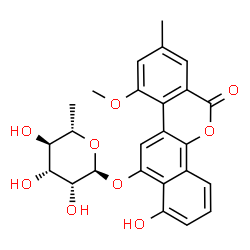 ChemSpider 2D Image | 1-Hydroxy-10-methoxy-8-methyl-6-oxo-6H-dibenzo[c,h]chromen-12-yl 6-deoxy-alpha-L-mannopyranoside | C25H24O9