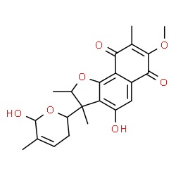 ChemSpider 2D Image | 4-Hydroxy-3-(6-hydroxy-5-methyl-3,6-dihydro-2H-pyran-2-yl)-7-methoxy-2,3,8-trimethyl-2,3-dihydronaphtho[1,2-b]furan-6,9-dione | C22H24O7