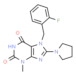 ChemSpider 2D Image | 7-(2-Fluorobenzyl)-3-methyl-8-(1-pyrrolidinyl)-3,7-dihydro-1H-purine-2,6-dione | C17H18FN5O2
