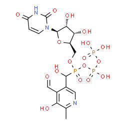 ChemSpider 2D Image | 5'-O-([(4-Formyl-5-hydroxy-6-methyl-3-pyridinyl)(hydroxy)methyl]{[hydroxy(phosphonooxy)phosphoryl]oxy}phosphoryl)uridine | C17H22N3O17P3