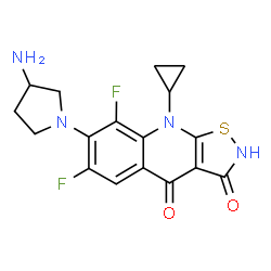 ChemSpider 2D Image | 7-(3-Amino-1-pyrrolidinyl)-9-cyclopropyl-6,8-difluoro[1,2]thiazolo[5,4-b]quinoline-3,4(2H,9H)-dione | C17H16F2N4O2S