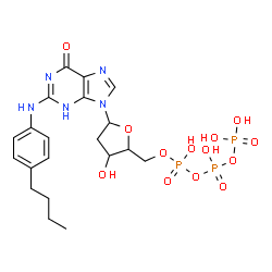 ChemSpider 2D Image | 2-[(4-Butylphenyl)amino]-9-[2-deoxy-5-O-(hydroxy{[hydroxy(phosphonooxy)phosphoryl]oxy}phosphoryl)pentofuranosyl]-1,9-dihydro-6H-purin-6-one | C20H28N5O13P3