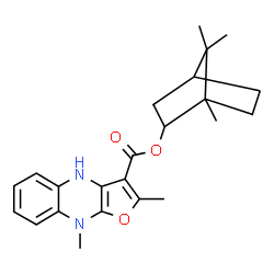 ChemSpider 2D Image | 1,7,7-Trimethylbicyclo[2.2.1]hept-2-yl 2,9-dimethyl-4,9-dihydrofuro[2,3-b]quinoxaline-3-carboxylate | C23H28N2O3
