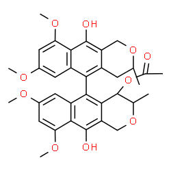 ChemSpider 2D Image | (5,5'-Bi-1H-Naphtho(2,3-c)pyran)-4,10,10'-triol, 3,3',4,4'-tetrahydro-7,7',9,9'-tetramethoxy-3,3'-dimethyl-, 4-acetate | C34H36O10