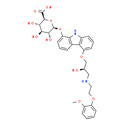 ChemSpider 2D Image | 5-[(2R)-2-Hydroxy-3-{[2-(2-methoxyphenoxy)ethyl]amino}propoxy]-9H-carbazol-1-yl beta-D-glucopyranosiduronic acid | C30H34N2O11