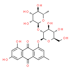 ChemSpider 2D Image | 9,10-Anthracenedione, 1-((2-O-(6-deoxy-alpha-L-mannopyranosyl)-beta-D-glucopyranosyl)oxy)-6,8-dihydroxy-3-methyl- | C27H30O14