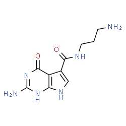 ChemSpider 2D Image | 2-Amino-N-(3-aminopropyl)-4-oxo-4,7-dihydro-1H-pyrrolo[2,3-d]pyrimidine-5-carboxamide | C10H14N6O2
