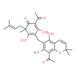 ChemSpider 2D Image | 2-Acetyl-4-[(8-acetyl-5,7-dihydroxy-2,2-dimethyl-2H-chromen-6-yl)methyl]-3,5-dihydroxy-6-methyl-6-(3-methyl-2-buten-1-yl)-2,4-cyclohexadien-1-one | C28H32O8