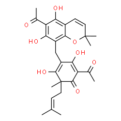 ChemSpider 2D Image | 2-Acetyl-4-[(6-acetyl-5,7-dihydroxy-2,2-dimethyl-2H-chromen-8-yl)methyl]-3,5-dihydroxy-6-methyl-6-(3-methyl-2-buten-1-yl)-2,4-cyclohexadien-1-one | C28H32O8