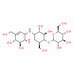 ChemSpider 2D Image | (2R,3S,6R)-2,3-Dihydroxy-6-(hydroxymethyl)-4-{[(4R,5S,6S)-4,5,6-trihydroxy-3-(hydroxymethyl)-2-cyclohexen-1-yl]amino}cyclohexyl L-glucopyranoside | C20H35NO13