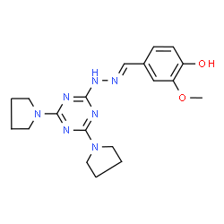 ChemSpider 2D Image | 4-[(E)-{[4,6-Di(1-pyrrolidinyl)-1,3,5-triazin-2-yl]hydrazono}methyl]-2-methoxyphenol | C19H25N7O2