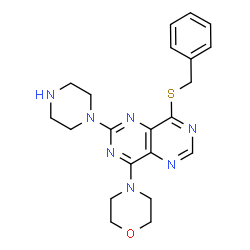ChemSpider 2D Image | 8-(Benzylsulfanyl)-4-(4-morpholinyl)-2-(1-piperazinyl)pyrimido[5,4-d]pyrimidine | C21H25N7OS