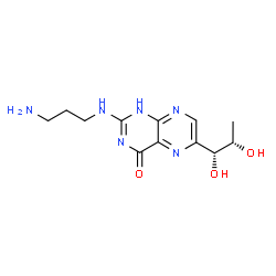 ChemSpider 2D Image | 2-[(3-Aminopropyl)amino]-6-[(1R,2S)-1,2-dihydroxypropyl]-4(1H)-pteridinone | C12H18N6O3