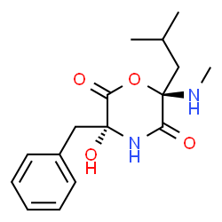 ChemSpider 2D Image | (3R,6R)-3-Benzyl-3-hydroxy-6-isobutyl-6-(methylamino)-2,5-morpholinedione | C16H22N2O4