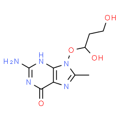 ChemSpider 2D Image | 2-Amino-9-(1,3-dihydroxypropoxy)-8-methyl-3,9-dihydro-6H-purin-6-one | C9H13N5O4