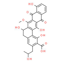 ChemSpider 2D Image | 1,6,9,14-Tetrahydroxy-3-(2-hydroxypropyl)-7-methoxy-8,13-dioxo-5,6,8,13-tetrahydrobenzo[a]tetracene-2-carboxylic acid | C27H22O10