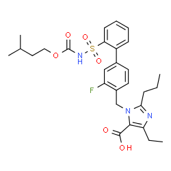 ChemSpider 2D Image | 4-Ethyl-1-[(3-fluoro-2'-{[(3-methylbutoxy)carbonyl]sulfamoyl}-4-biphenylyl)methyl]-2-propyl-1H-imidazole-5-carboxylic acid | C28H34FN3O6S