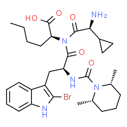 ChemSpider 2D Image | 2-Bromo-N-{[(2R,6S)-2,6-dimethyl-1-piperidinyl]carbonyl}-L-tryptophyl-N-[(2S)-2-amino-2-cyclopropylacetyl]-L-norleucine | C30H42BrN5O5